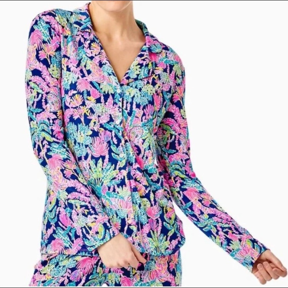 Lilly Pulitzer PJ Knit Long Sleeve Button Up Top Oyster Bay Navy Medium